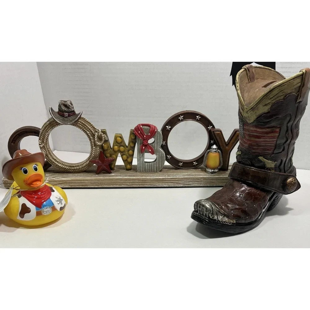 Cowboy Boots Coin Bank, Rubber Duck, Cute Sign Baby Shower Gift Set Room Decor